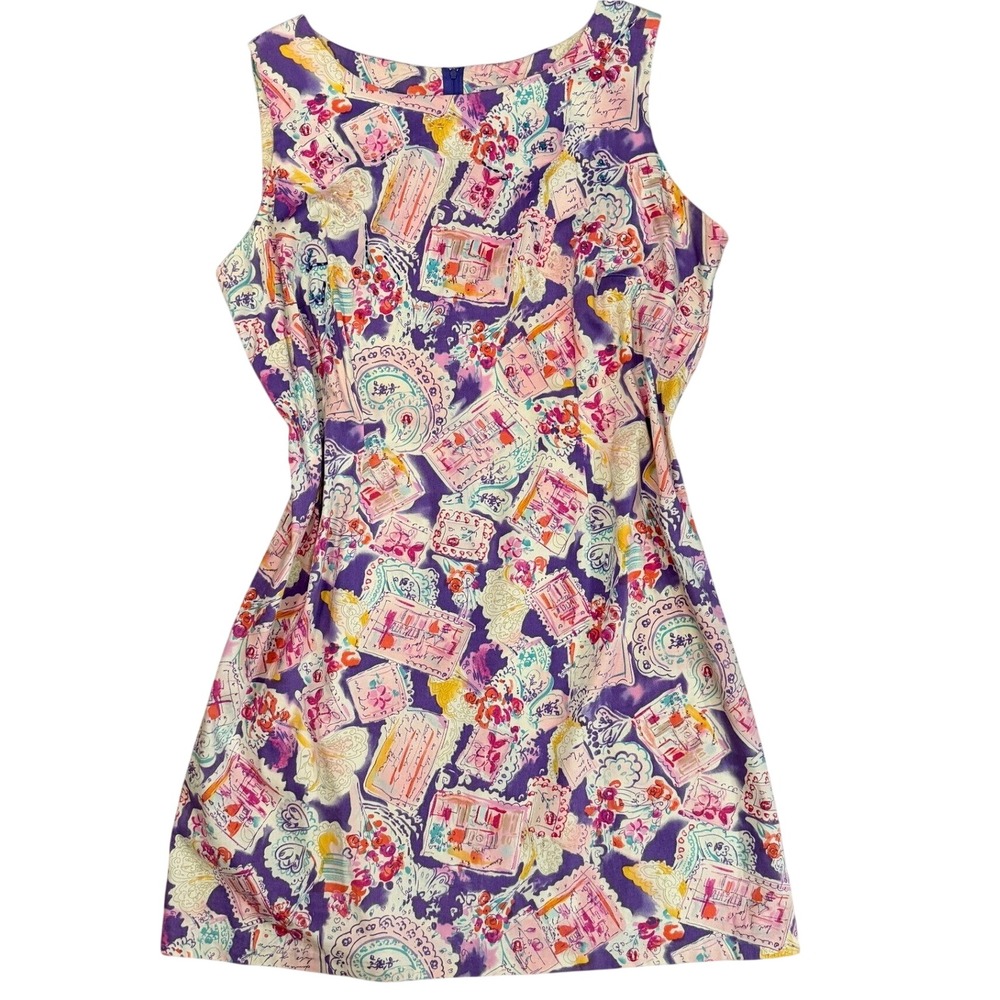 R&K Sleeveless Beaded Postcard Print Sheath Dress 20W Sirens Style‎ Travel VTG